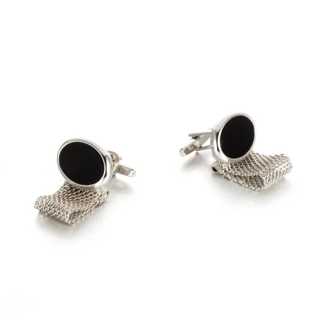Elliptical Silver Faux Agate Stone Chain-link cufflinks