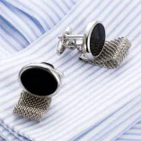 Elliptical Silver Faux Agate Stone Chain-link cufflinks