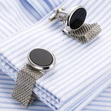 Elliptical Silver Faux Agate Stone Chain-link cufflinks