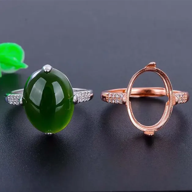 18K Gold-Plated 4-Prong Ring Setting for 10x14mm Oval Jade/Gemstones (S925, Unset)