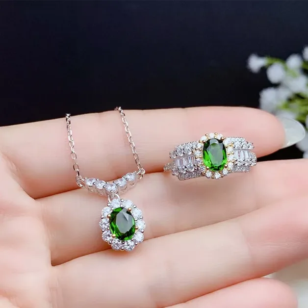 18K Two-Tone Gold-Plated Jewelry Set For 5x7mm Oval Colored Gemstones 925 Silver Ring & Pendant