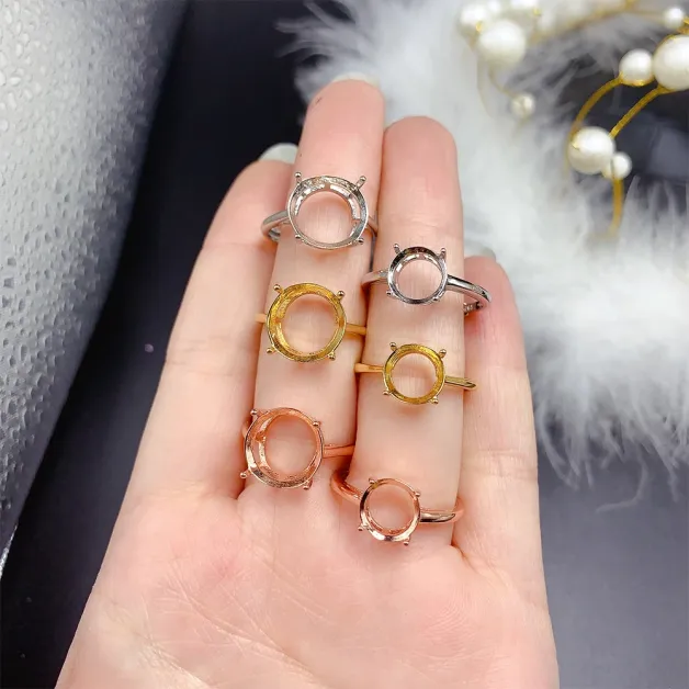 4-Prong S925 Sterling Silver Gold Plated Ring Setting for Round 3-15mm Gemstones