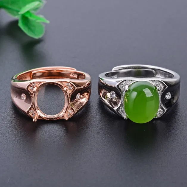 925 Silver Gold Plated Men's Ring Setting for 9x11 12x15mm Oval Cabochon Jade & Sapphire