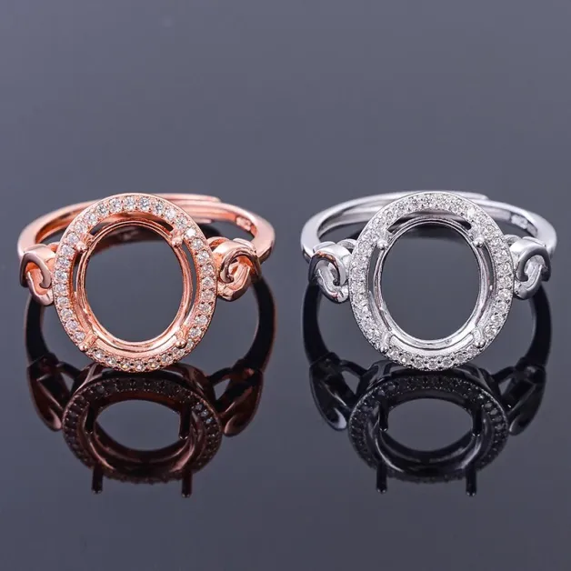 925 Sterling Silver Gold Plated Halo Ring Setting For Oval 9x11mm Gemstones