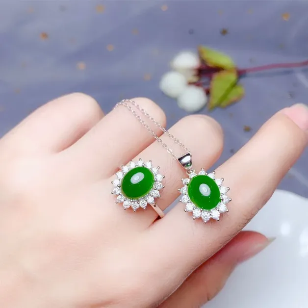 925 Sterling Silver Gold Plated Jade Jewelry Set – Classic 'Diana' Style with 8x10mm Cabochon (Ring & Pendant)