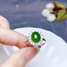 925 Sterling Silver Gold Plated Jade Jewelry Set – Classic 'Diana' Style with 8x10mm Cabochon (Ring &amp; Pendant)