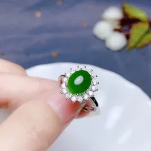 925 Sterling Silver Gold Plated Jade Jewelry Set – Classic 'Diana' Style with 8x10mm Cabochon (Ring &amp; Pendant)