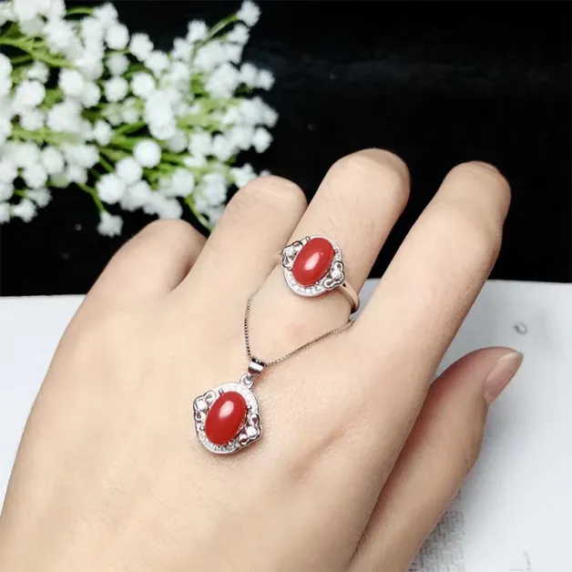 925 Sterling Silver Gold-Plated Jewelry Setting Set (Ring & Pendant) for 7x9mm Oval Jade & Red Agate