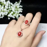 925 Sterling Silver Gold-Plated Jewelry Setting Set (Ring & Pendant) for 7x9mm Oval Jade & Red Agate