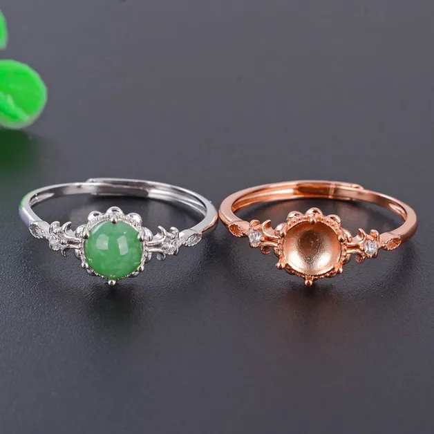 925 Sterling Silver Gold-Plated Ring Setting with Solid Back for 6x6mm Round Jade & Nephrite