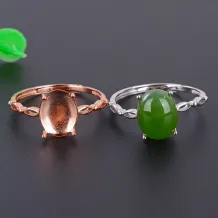 925 Sterling Silver Gold-Plated Solid Back Ring Setting for 8x10mm Round Jade Cabochon (Unset)