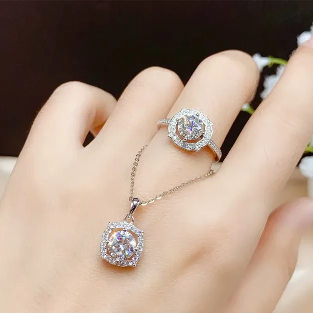 925 Sterling Silver Rose Gold Plated Ring & Pendant Setting Set For 6.5mm (1ct) Round Moissanite