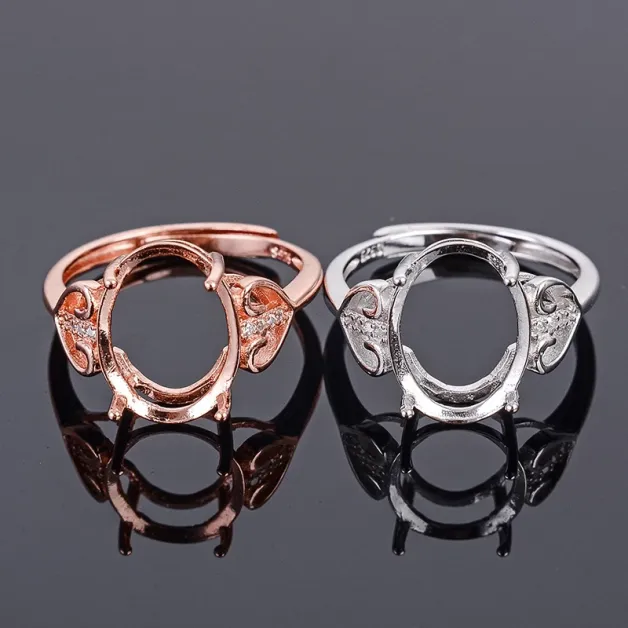 Double Heart Shaped Diamond Ring Setting Solid 925 Sterling Silver Rings For Egg-Shaped Oval 10x14mm Gemstones