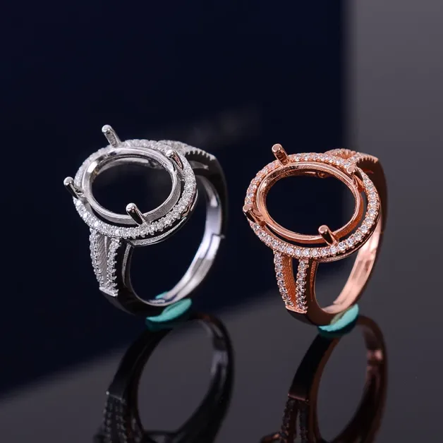 Halo Setting 925 Silver Gold Plated Ring Mount for Oval 6x8 8x10 10x14mm Gemstones