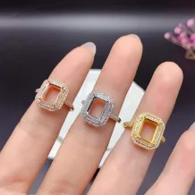 Ethnic-Style S925 Sterling Silver 18K Gold-Plated Ring Setting for 7x9mm Square-Cut Topaz/Crystal