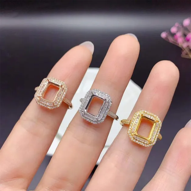 Ethnic-Style S925 Sterling Silver 18K Gold-Plated Ring Setting for 7x9mm Square-Cut Topaz/Crystal
