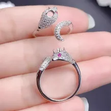 Pave Diamond Mamba Snake Ring Setting - 18K Gold Plated 925 Silver for 4x4mm Ruby/Sapphire/Emerald