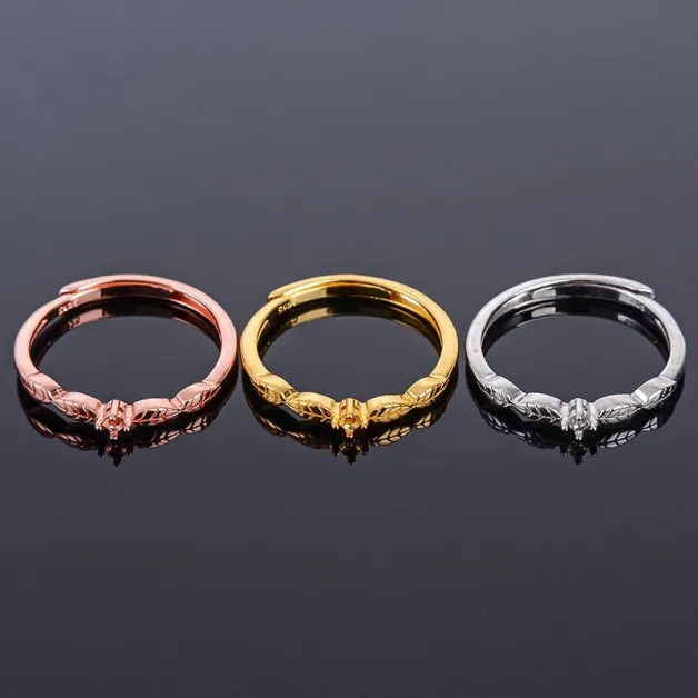 Rich Green Leaves Ring Settings For Round 2x2mm Gemstones 925 Silver Plated Gold