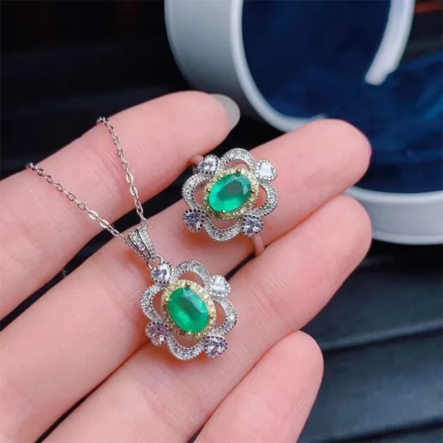 S925 18K Dual-Tone Gold Jewelry Set 5x7mm Oval Ruby/Sapphire/Emerald Ring & Pendant