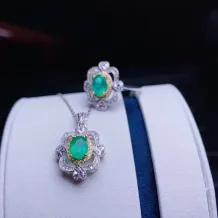 S925 18K Dual-Tone Gold Jewelry Set 5x7mm Oval Ruby/Sapphire/Emerald Ring &amp; Pendant