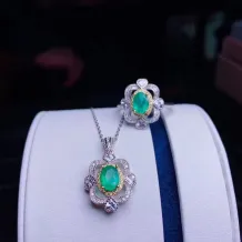 S925 18K Dual-Tone Gold Jewelry Set 5x7mm Oval Ruby/Sapphire/Emerald Ring &amp; Pendant