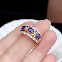 S925 18K Dual-Tone Gold Ring Setting 4x5mm Oval Ruby/Sapphire/Emerald 3-Stone