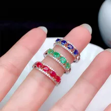 S925 18K Dual-Tone Gold Stacking Ring Setting - 3x4mm Oval Ruby/Sapphire/Emerald 4-Stone