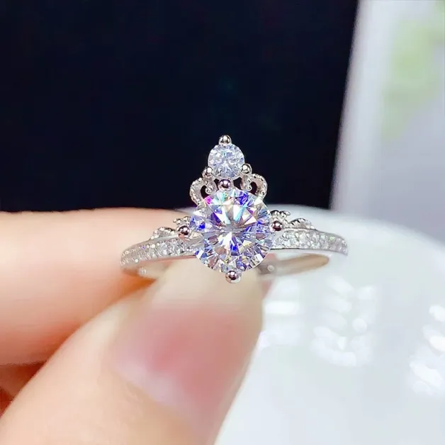 S925 18K Gold Plated Crown Ring Setting - 0.5ct(5mm)/1ct(6.5mm) Round Diamond Mount