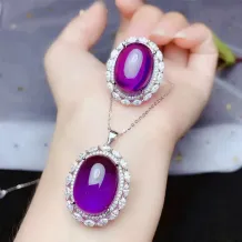 S925 18K Gold-Plated Pendant &amp; Ring Set for 15x20mm Oval Jade/Crystal