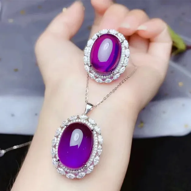 S925 18K Gold-Plated Pendant & Ring Set for 15x20mm Oval Jade/Crystal