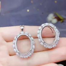 S925 18K Gold-Plated Pendant &amp; Ring Set for 15x20mm Oval Jade/Crystal