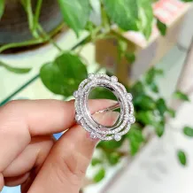 S925 18K Gold Plated Ring Setting - Full Diamond Halo for 13x18mm Oval Gemstone/Jadeite