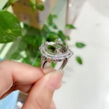 S925 18K Gold Plated Ring Setting - Full Diamond Halo for 13x18mm Oval Gemstone/Jadeite