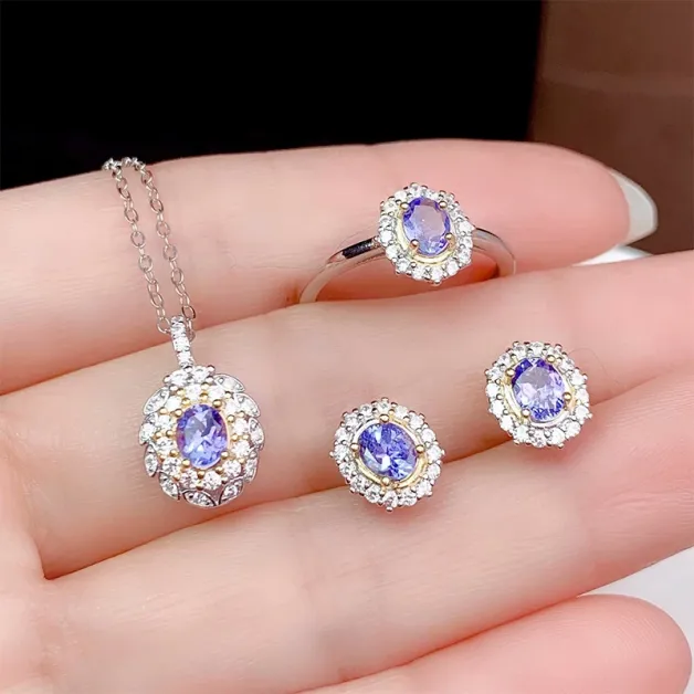 S925 Dual-Tone Gold Jewelry Set - Ring/Pendant/Earring Settings for 4x5mm Oval Ruby/Sapphire/Emerald