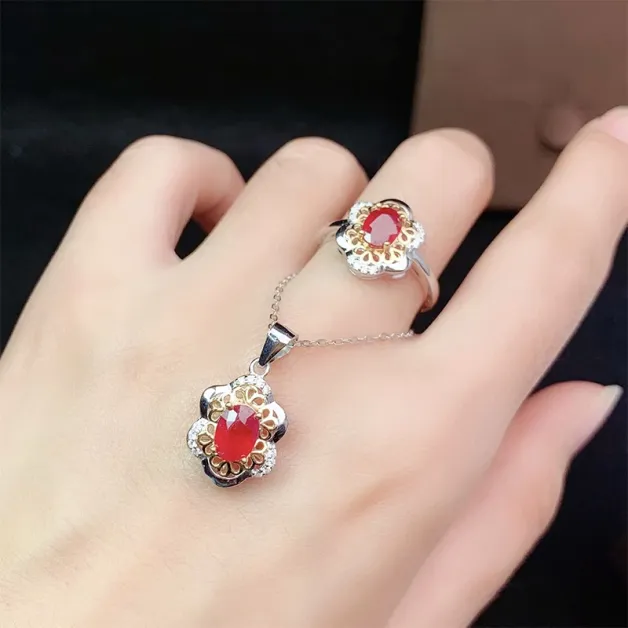S925 Dual-Tone Gold Jewelry Set - Ring & Pendant for 5x7mm Oval Ruby/Sapphire