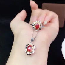 S925 Dual-Tone Gold Jewelry Set - Ring &amp; Pendant for 5x7mm Oval Ruby/Sapphire