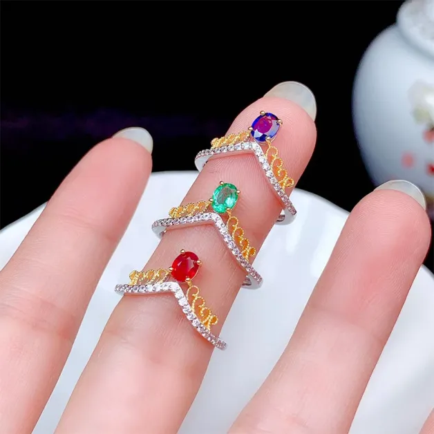 S925 Dual-Tone Gold Ring Setting 4x5mm Oval Ruby/Sapphire/Emerald, Fairycore Style
