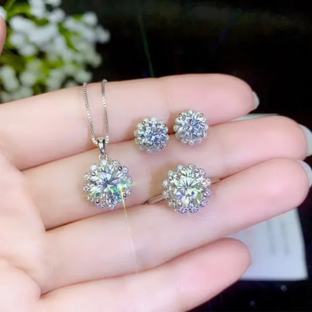 S925 Gold-Plated Jewelry Set Includes Ring/Pendant/Stud Earrings 6mm for Moissanite & Colored Gemstones