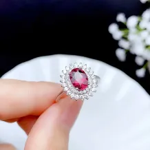 S925 Gold Plated Ring Setting - Double Halo 6x8mm Oval Gemstone/Jade Mounting