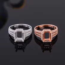 S925 Sterling Silver Adjustable Full-Diamond Ring Setting for 6x8mm Square Gems