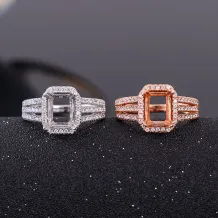 S925 Sterling Silver Adjustable Full-Diamond Ring Setting for 6x8mm Square Gems