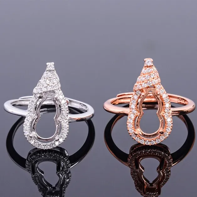 S925 Sterling Silver Floral Heart & Gourd Ring Setting with Diamond Halo 6x11mm Gemstones
