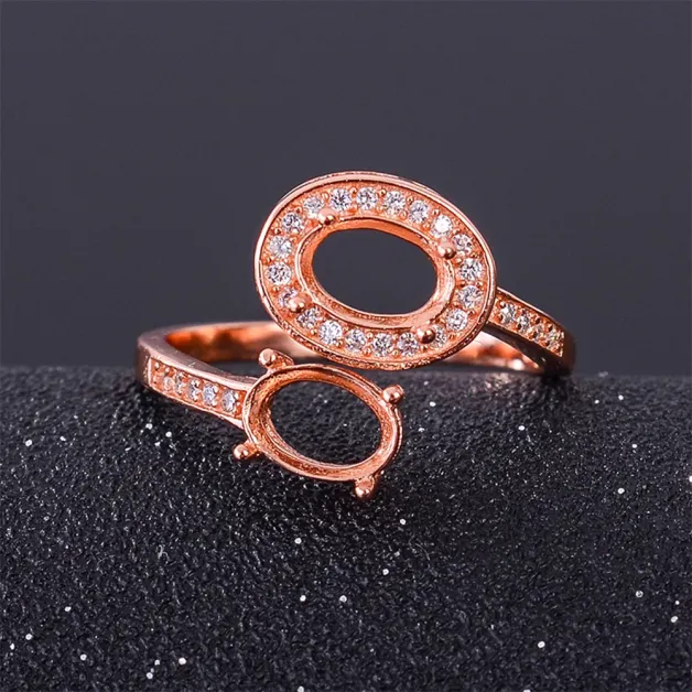 S925 Sterling Silver Gold-Plated Double Oval Cluster Ring Setting 5x7mm & 6x8mm Gems