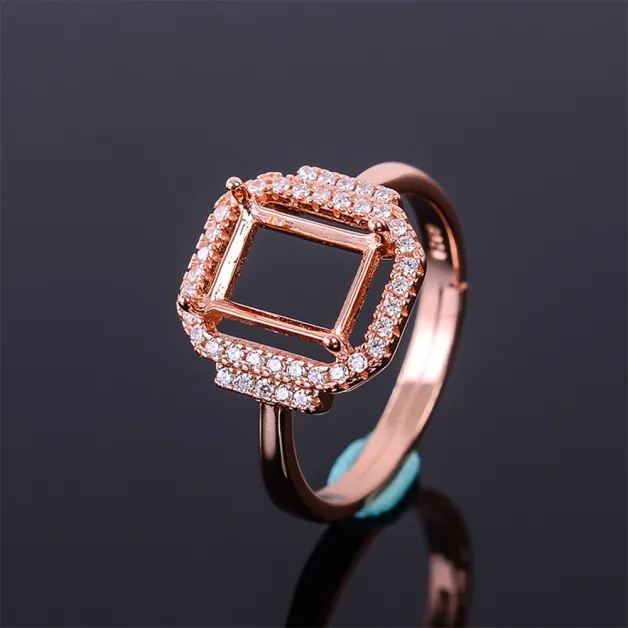 S925 Sterling Silver Rectangular Ring Settings 4x6mm to 7x9mm Colored Gems