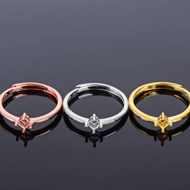 S925 Sterling Silver Ring Setting with 18K Gold Plating - 4x4mm Square Mount