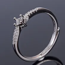 S925 Sterling Silver Square Ring Setting for 3x3mm Gemstones with Diamond Accents