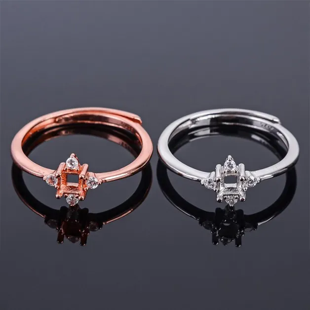 S925 Sterling Silver Square Ring Setting for 3x3mm Gemstones with Diamond Halo