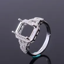 S925 Sterling Silver Square Ring Setting for 8x10mm Gemstones with Zircon Accents