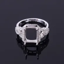 S925 Sterling Silver Square Ring Setting for 8x10mm Gemstones with Zircon Accents
