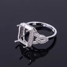 S925 Sterling Silver Square Ring Setting for 8x10mm Gemstones with Zircon Accents